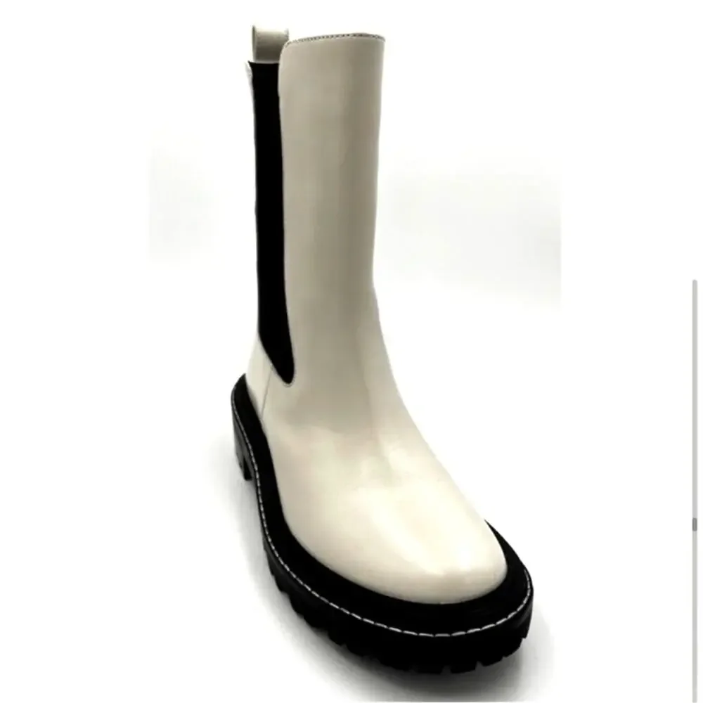 Tory Burch Benton Chelsea Boot Size 8 White Leather Black Lug Platform Sole New